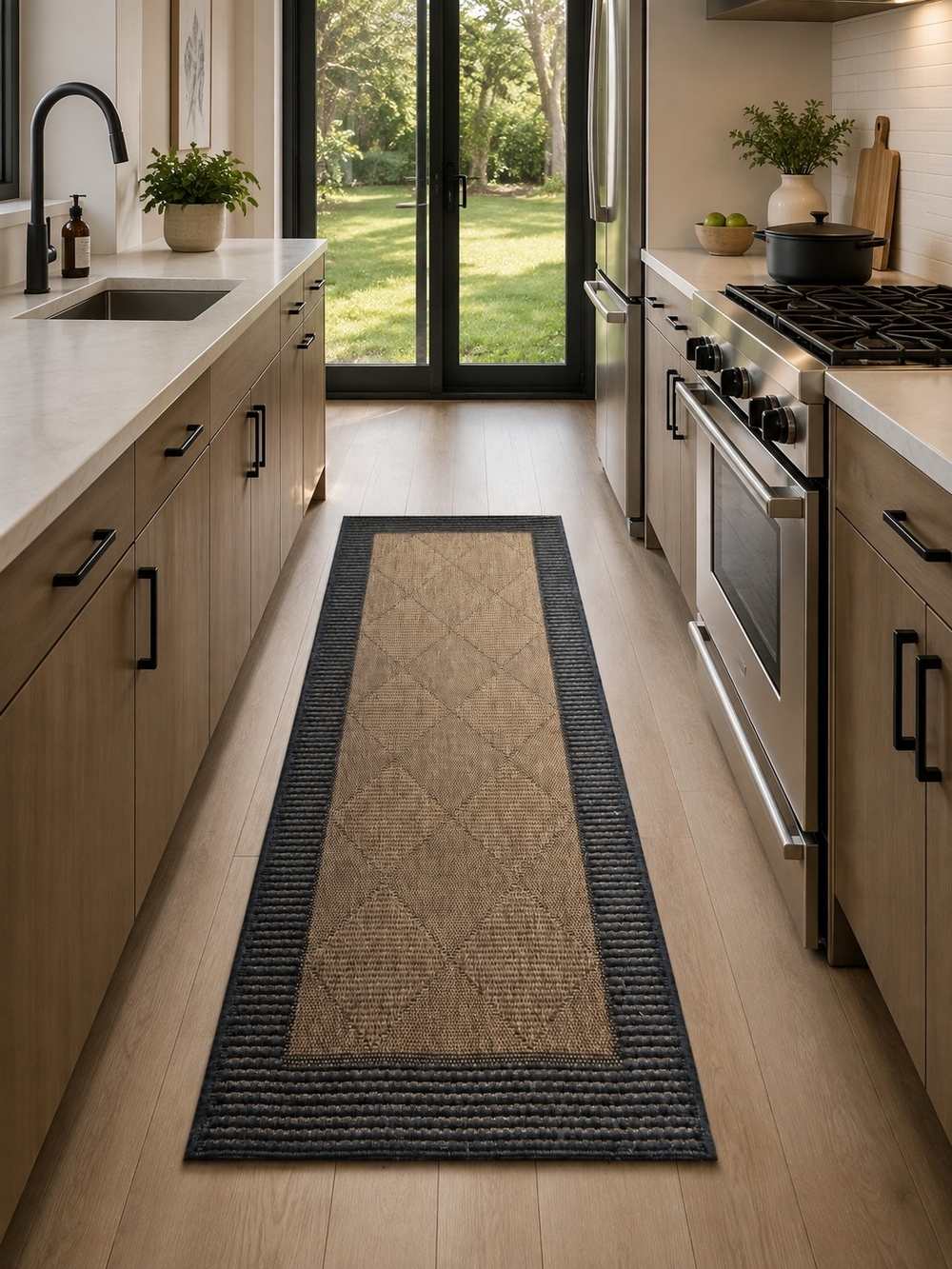 Neutral Tan and Black Runner Rug -